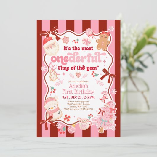 Christmas ONEderful Time First Birthday Invitation Kaart (Staand voorkant)