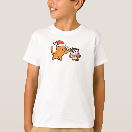 Christmas Orange Cat and Owl T-shirt (Voorkant)