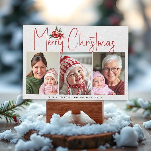 Christmas ornament and red bow three photo collage feestdagenkaart