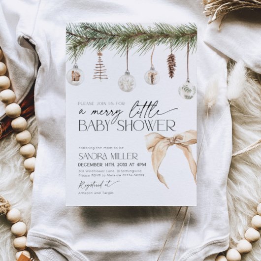 Christmas Ornaments and Neutral Bow Baby Shower Kaart