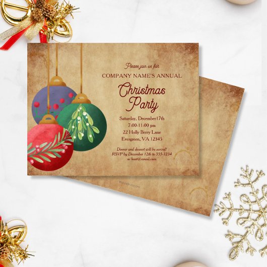 Christmas Ornaments on Parchment Elegant Party Kaart