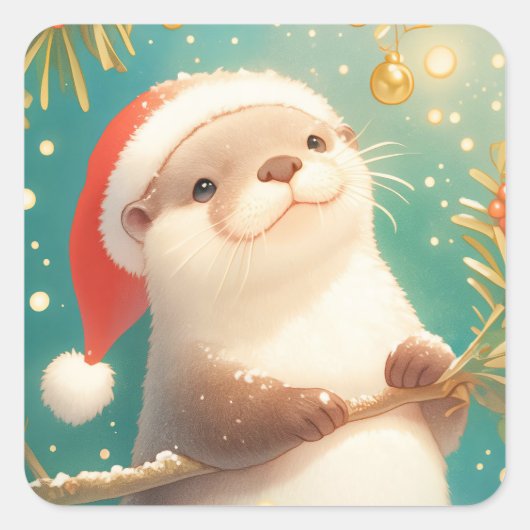 Christmas Otter in Santa Hat with Holly Berries Vierkante Sticker (Voorkant)