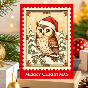 Christmas Owl Retro Postzegel Kerstmis Feestdagen Kaart