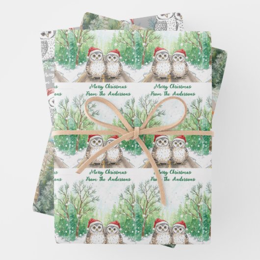 Christmas Owl Wrapping Paper Flat Sheet Set of 3 (In situ)