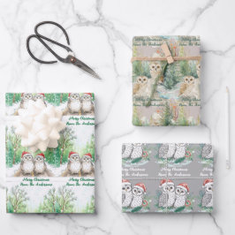 Christmas Owl Wrapping Paper Flat Sheet Set of 3