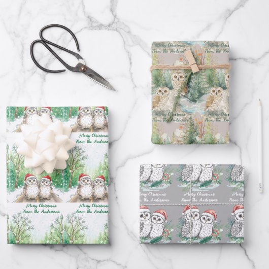Christmas Owl Wrapping Paper Flat Sheet Set of 3 (Voorkant)