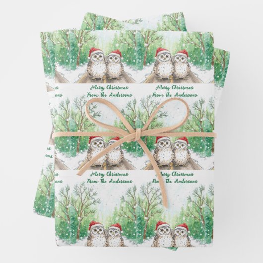 Christmas Owl Wrapping Paper Flat Sheet Set of 3 (In situ)