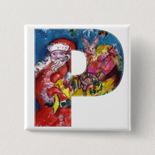 CHRISTMAS P BRIEF / SANTA MET GIFTS MONOGRAM VIERKANTE BUTTON 5,1 CM