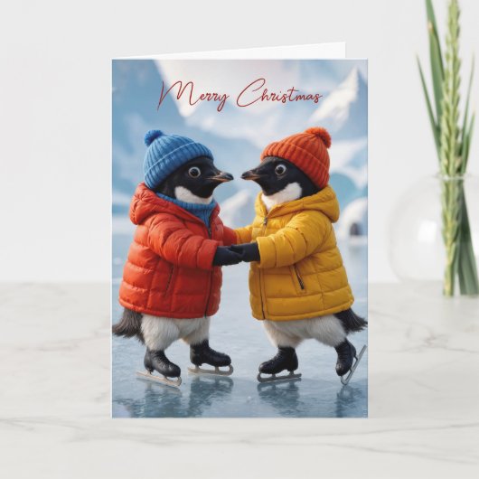 Christmas Pair of Penguins Ice Skating  Kaart (Voorkant)