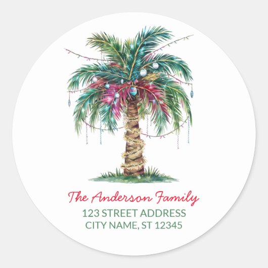 Christmas Palm Tree Light Retour Adreslabels Ronde Sticker (Voorkant)