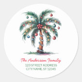 Christmas Palm Tree Light Retour Adreslabels Ronde Sticker (Voorkant)