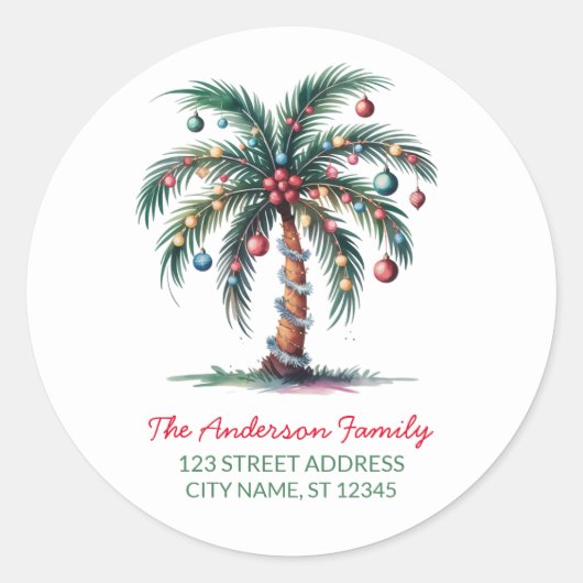 Christmas Palm Tree Light Retour Adreslabels Ronde Sticker (Voorkant)