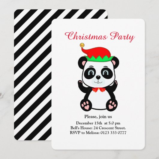 Christmas Panda Beer Elf op White Party Invitation Kaart (Voorkant / Achterkant)