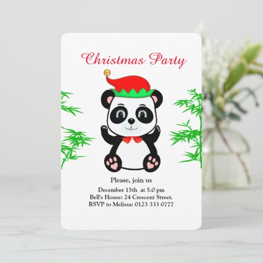 Christmas Panda Beer Elf op White Party Invitation Kaart (Staand voorkant)