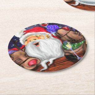 Christmas Paper Coaster Santa and Reindeers Fun Ronde Kartonnen Onderzetter