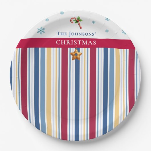Christmas Paper Plates – Blue, Red & Gold Stripes Papieren Bordje (Voorkant)