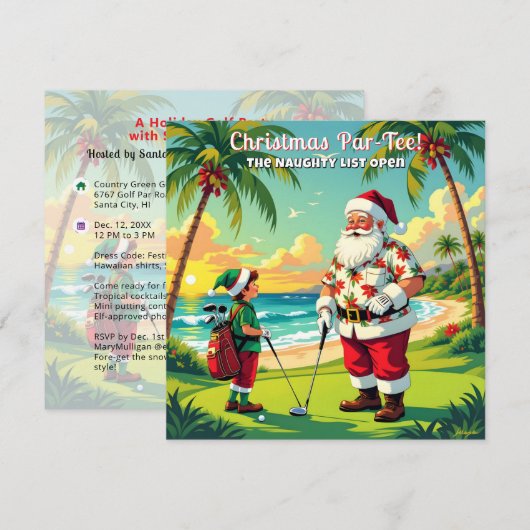 Christmas Par-Tee Fun Tropical Golf Santa Party SQ Kaart (Voorkant / Achterkant)