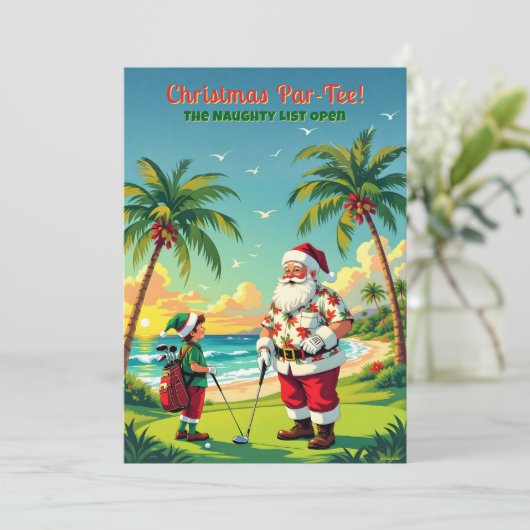 Christmas Par-Tee Funny Tropical Golf Santa Party Kaart (Staand voorkant)
