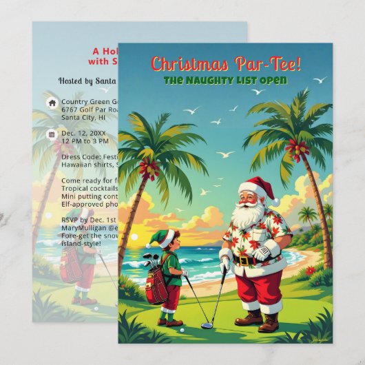 Christmas Par-Tee Funny Tropical Golf Santa Party Kaart (Voorkant / Achterkant)