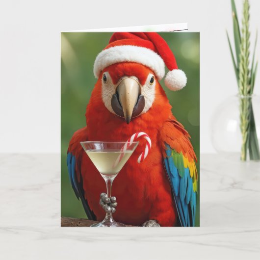 Christmas Parrot Holding a Cocktail Kaart (Voorkant)