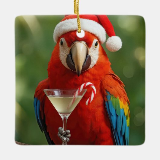 Christmas Parrot Holding a Cocktail Keramisch Ornament (Voorkant)