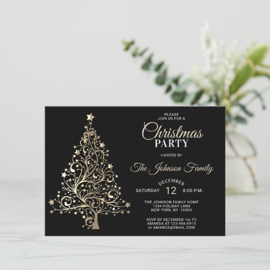 CHRISTMAS PARTY Black Gold Glitter Tree Kaart (Staand voorkant)