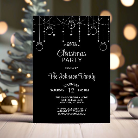CHRISTMAS PARTY Black Silver Glitter Stars Kaart