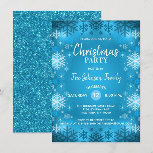 CHRISTMAS PARTY Blue Glitter White Snowflakes Snow Kaart (Voorkant / Achterkant)