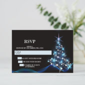 Christmas Party Blue Shiny Tree Black Elegant RSVP Kaartje (Staand voorkant)