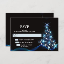 Christmas Party Blue Shiny Tree Black Elegant RSVP Kaartje