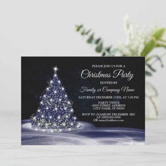 Christmas Party Blue Shiny Tree Winter Navy Kaart (Staand voorkant)