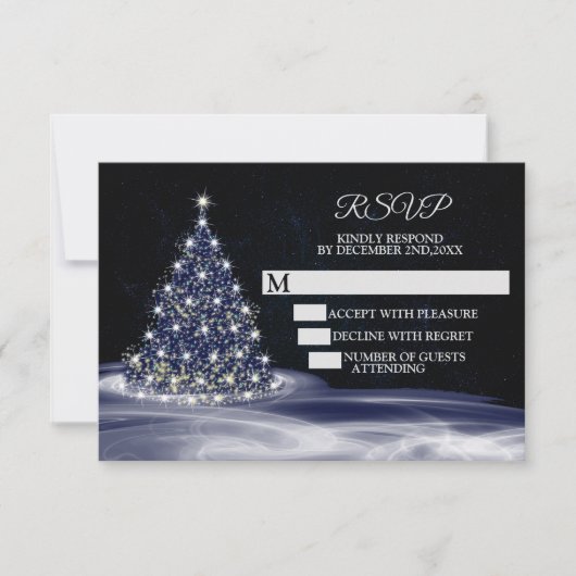 Christmas Party Blue Shiny Tree Winter Navy RSVP Kaartje (Voorkant)