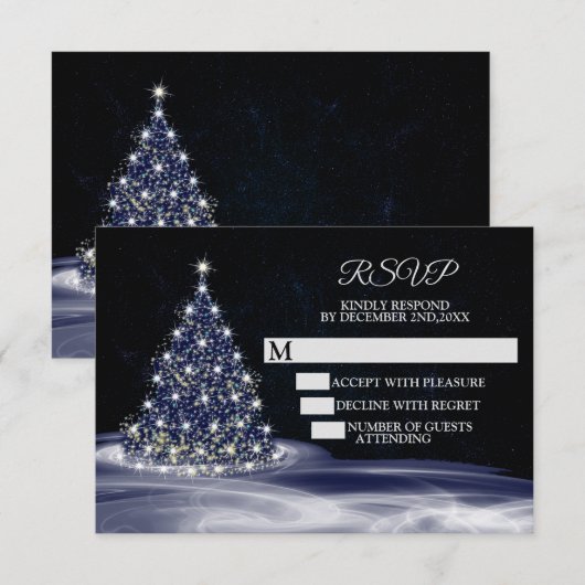 Christmas Party Blue Shiny Tree Winter Navy RSVP Kaartje (Voorkant / Achterkant)