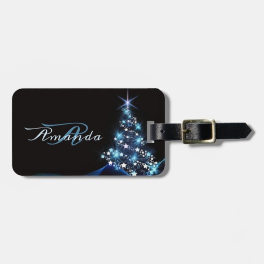 Christmas Party Blue Tree Shiny Black Elegant Bagagelabel (Voorkant horizontaal)