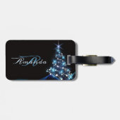 Christmas Party Blue Tree Shiny Black Elegant Bagagelabel (Achterkant horizontaal)