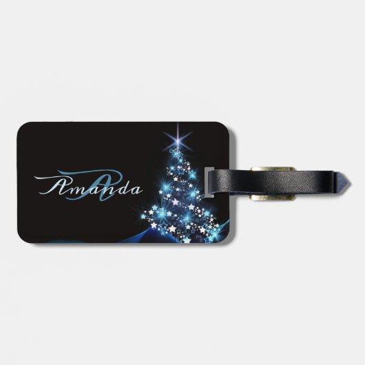 Christmas Party Blue Tree Shiny Black Elegant Bagagelabel (Achterkant horizontaal)
