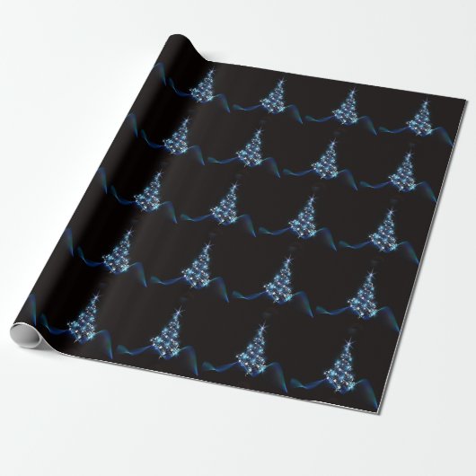 Christmas Party Blue Tree Shiny Black Elegant Cadeaupapier (Uitgerold)