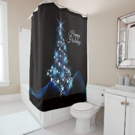Christmas Party Blue Tree Shiny Black Elegant Douchegordijn