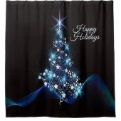Christmas Party Blue Tree Shiny Black Elegant Douchegordijn (Voorkant)