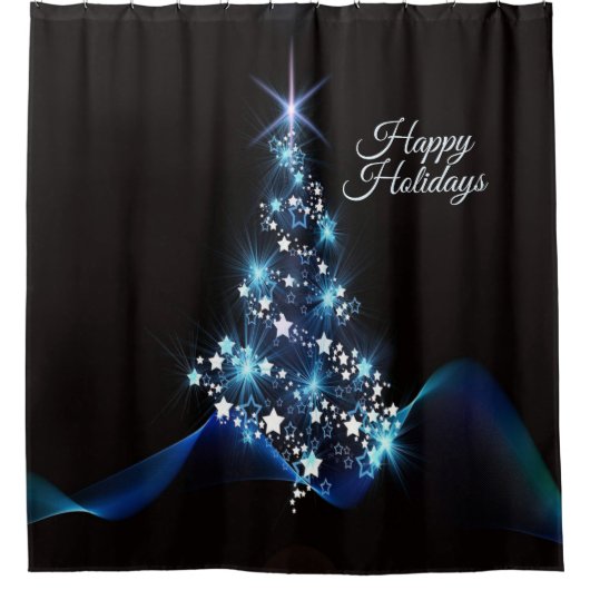 Christmas Party Blue Tree Shiny Black Elegant Douchegordijn (Voorkant)