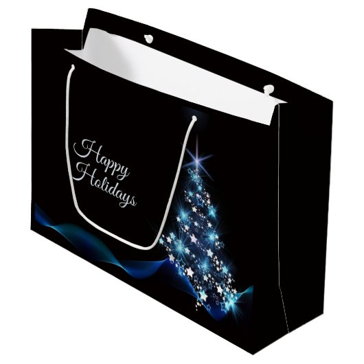Christmas Party Blue Tree Shiny Black Elegant Groot Cadeauzakje (Voorkant Gekanteld)