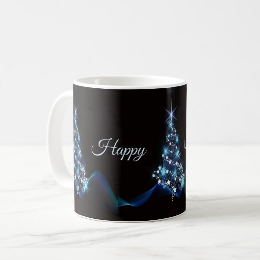 Christmas Party Blue Tree Shiny Black Elegant Koffiemok (Voorkant links)