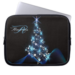 Christmas Party Blue Tree Shiny Black Elegant Laptop Sleeve