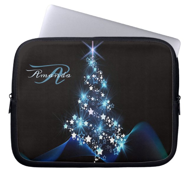 Christmas Party Blue Tree Shiny Black Elegant Laptop Sleeve (Voorkant)