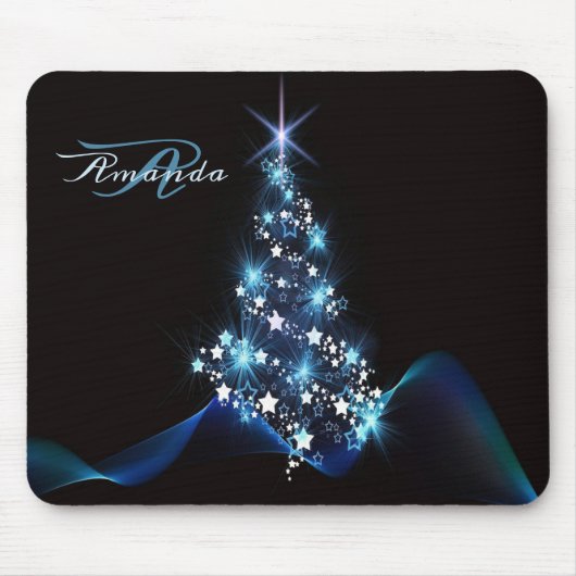 Christmas Party Blue Tree Shiny Black Elegant Muismat (Voorkant)