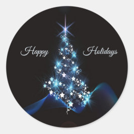 Christmas Party Blue Tree Shiny Black Elegant Ronde Sticker