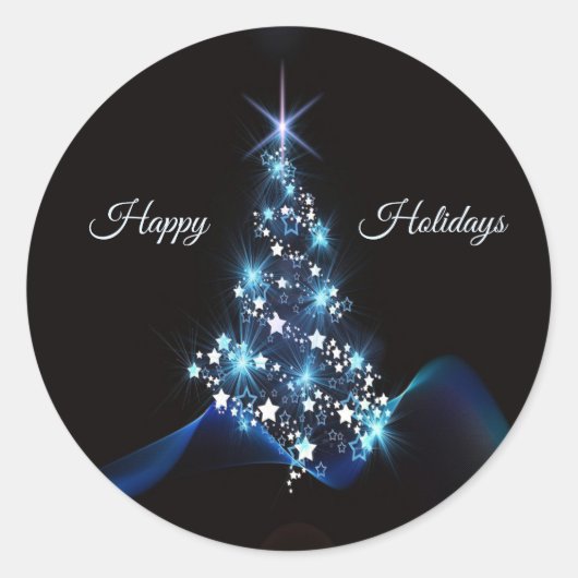 Christmas Party Blue Tree Shiny Black Elegant Ronde Sticker (Voorkant)