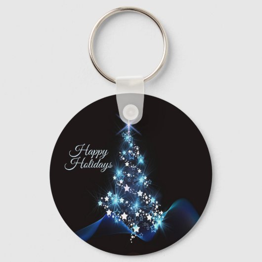 Christmas Party Blue Tree Shiny Black Elegant Sleutelhanger (Voorkant)