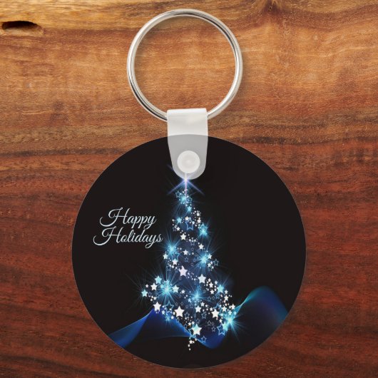 Christmas Party Blue Tree Shiny Black Elegant Sleutelhanger (Voorkant)