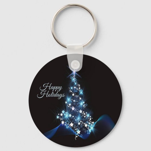 Christmas Party Blue Tree Shiny Black Elegant Sleutelhanger (Achterkant)